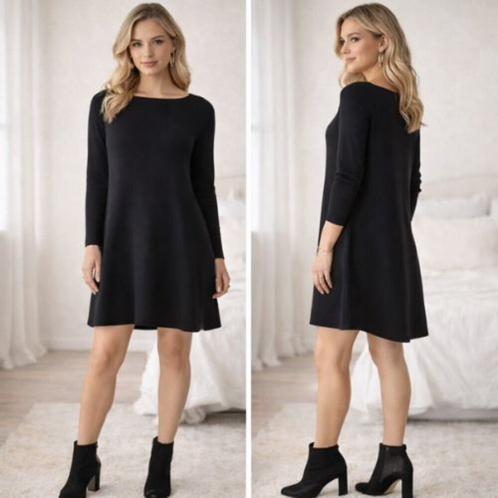 Henri Bendel Black Merino Wool Tunic Sweater Mini Dress Size Large 51749